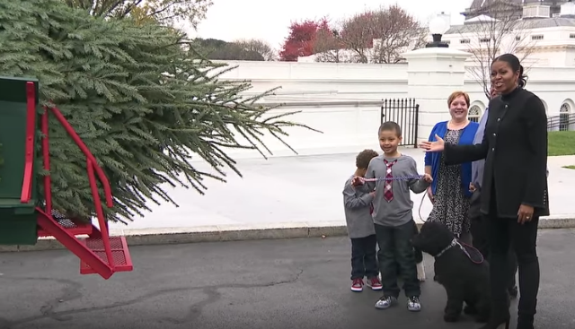 First Lady Michelle Obama Welcomes The Official White House Christmas Tree To The White House