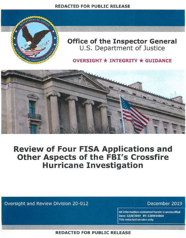 DOJ OIG Releases Review of Four FISA Applications and Other Aspects of the FBI’s Crossfire Hurricane Investigation