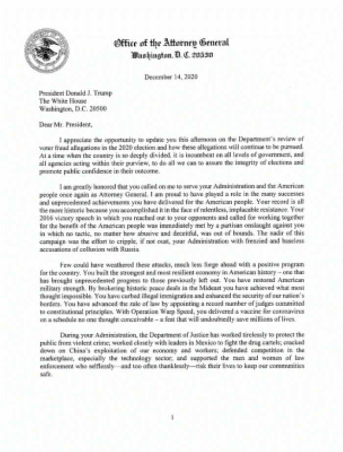 Attorney General William Barr’s Resignation Letter